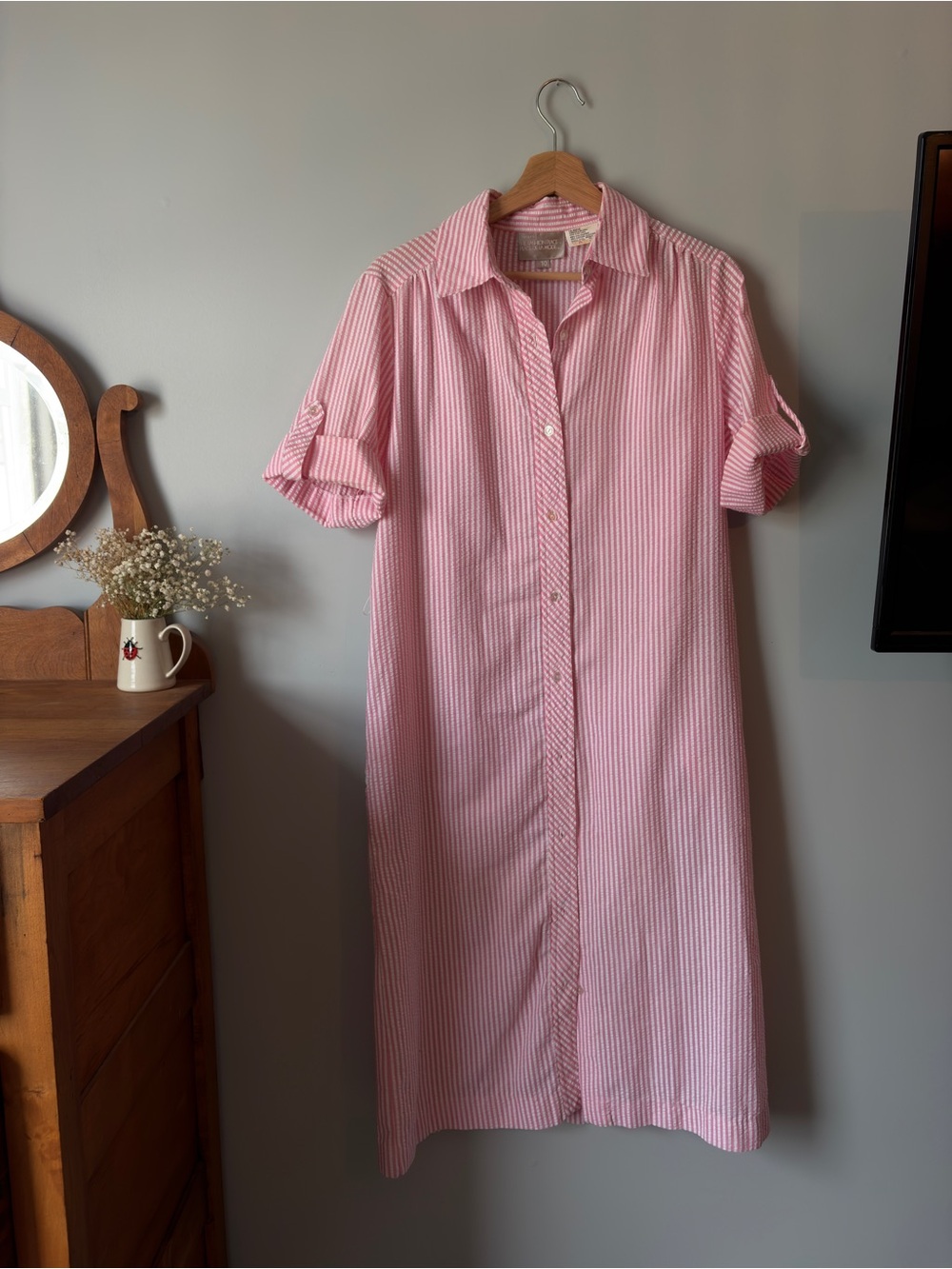 Vintage Sears Pink Striped Seersucker Button-Up Beach Cover-Up Shirt Dress - Picture 2 of 3